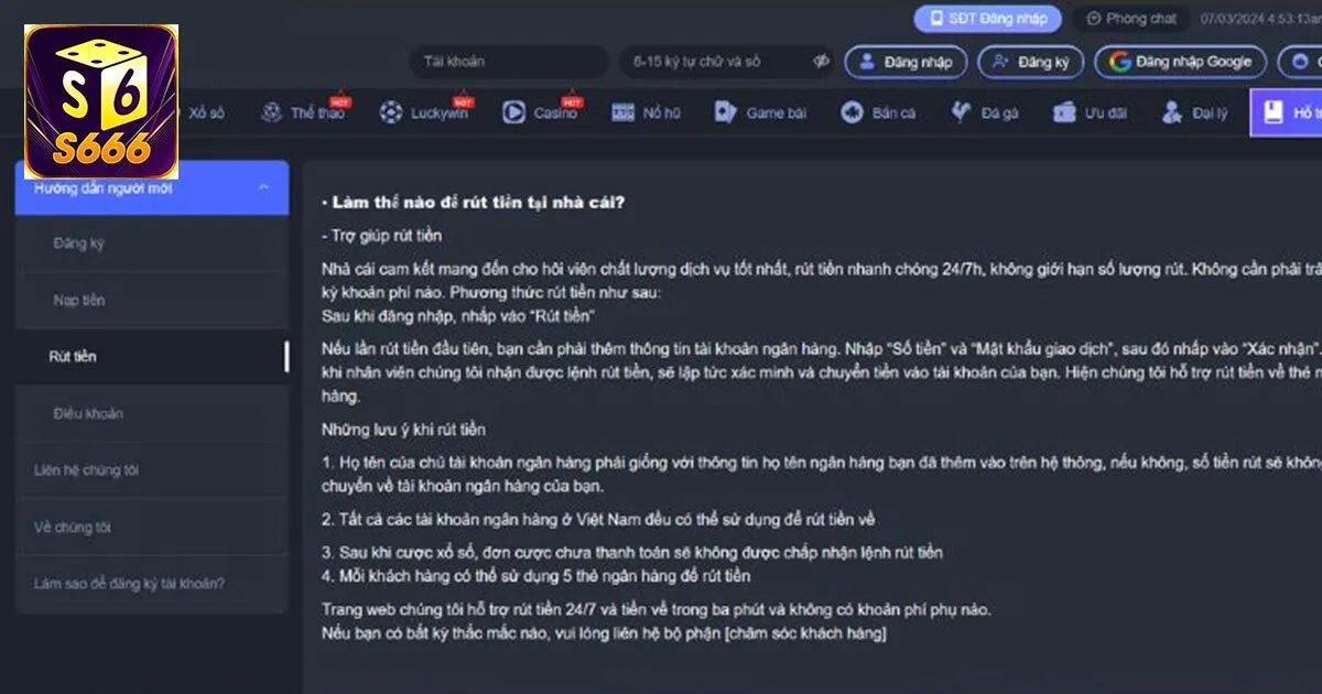 Lưu ý quan trọng khi rút tiền tại S666